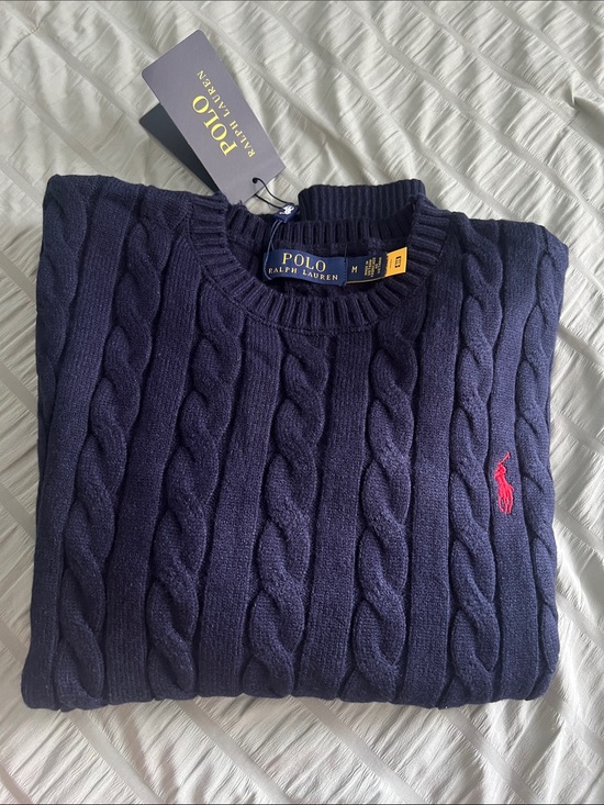 Polo Ralph Lauren Sweaters - Polo by Ralph Lauren Navy Cable-Knit Crewneck with Red Pony Logo